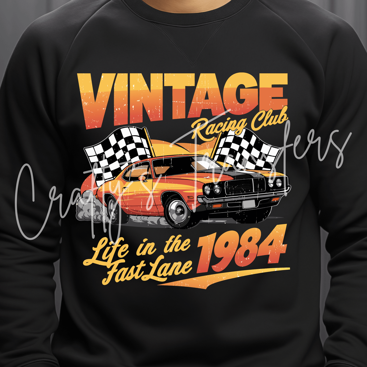 Vintage Muscle Car Racing DTF Transfer – Retro 1984 Checkered Flag Graphic – Ready to Press DTF