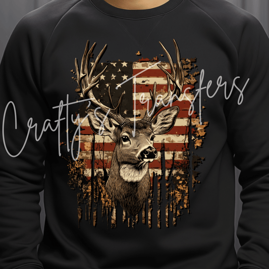 Patriotic Buck DTF Transfer – American Flag Deer Hunting Graphic – Outdoors Ready to Press DTF