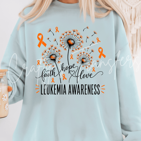 Leukemia Awareness DTF Transfer – Orange Ribbon Faith Hope Love Dandelion Graphic – Cancer Support Ready to Press DTF