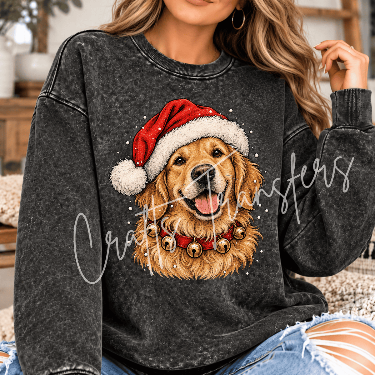 Christmas Golden Retriever DTF Transfer – Santa Hat Dog Graphic – Holiday Dog Lover DTF – Ready to Press Transfer