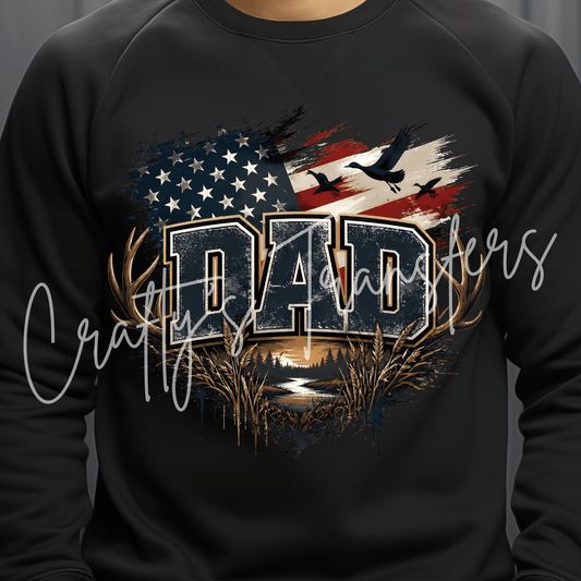 Patriotic Hunting Dad DTF Transfer – American Flag Outdoors Dad Graphic – Ready to Press DTF