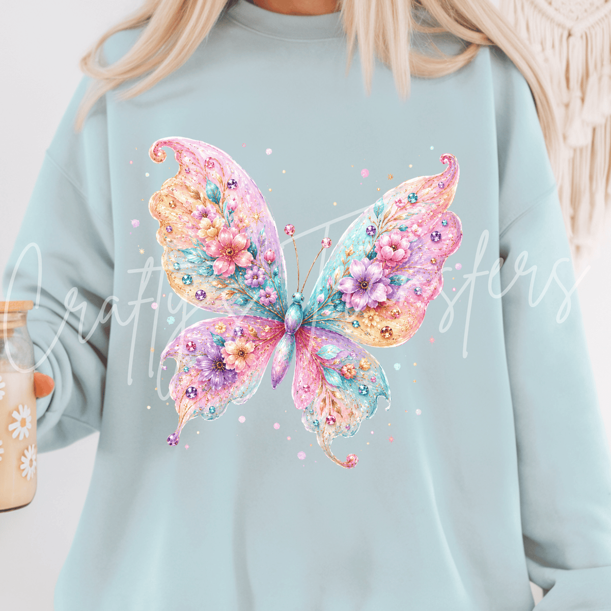 Pastel Floral Butterfly DTF Transfer – Pink Aqua Jeweled Butterfly Graphic – Ready to Press DTF