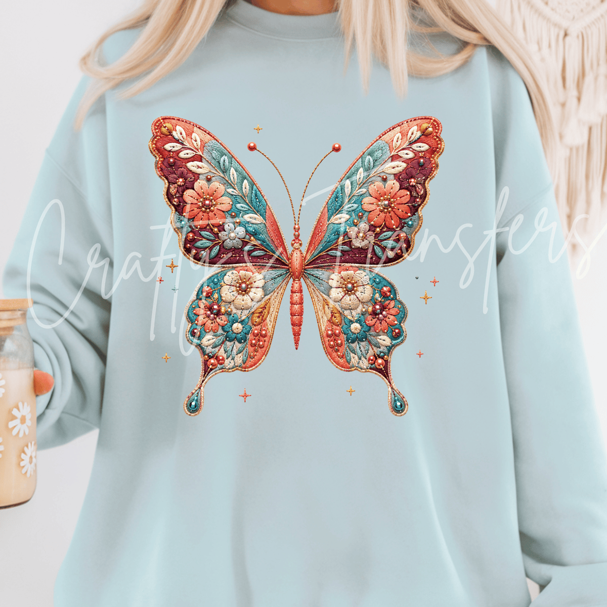 Floral Butterfly DTF Transfer – Teal Coral Boho Butterfly Graphic – Ready to Press DTF