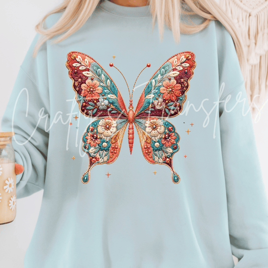 Floral Butterfly DTF Transfer – Teal Coral Boho Butterfly Graphic – Ready to Press DTF
