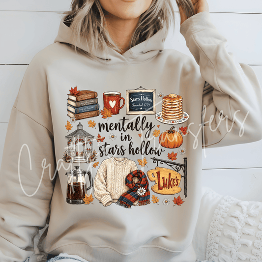 Cozy Small Town Fall DTF Transfer – Books Coffee Pancakes Autumn Graphic – Ready to Press DTF