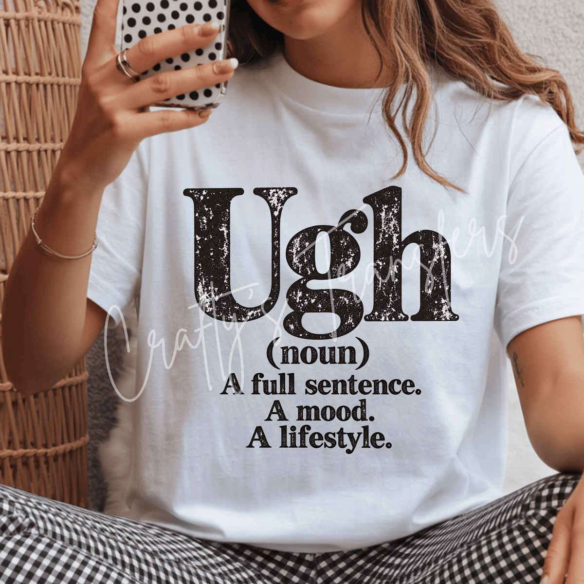 Ugh Mood DTF Transfer – Funny Sarcastic Quote Graphic – Distressed Black Typography – Ready to Press DTF