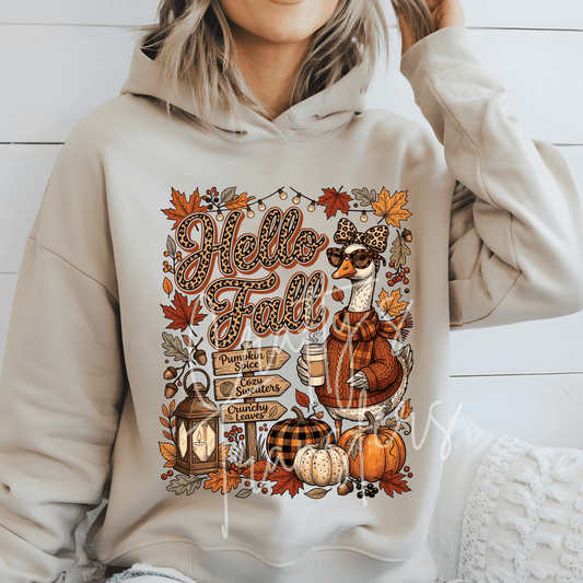 Hello Fall Goose DTF Transfer – Pumpkin Spice Cozy Autumn Goose Graphic – Ready to Press DTF