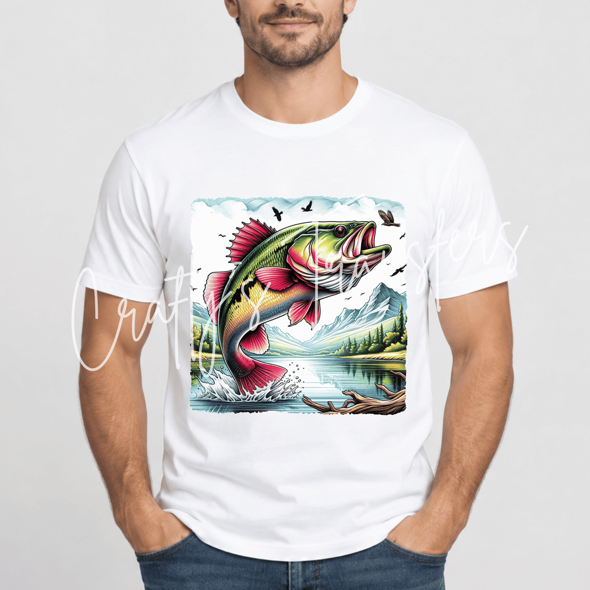 Bass Fishing DTF Transfer – Mountain Lake Fish Graphic – Outdoorsman Ready to Press DTF