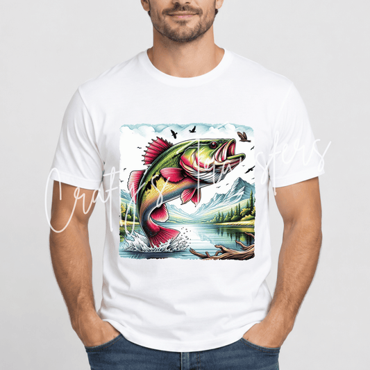 Bass Fishing DTF Transfer – Mountain Lake Fish Graphic – Outdoorsman Ready to Press DTF