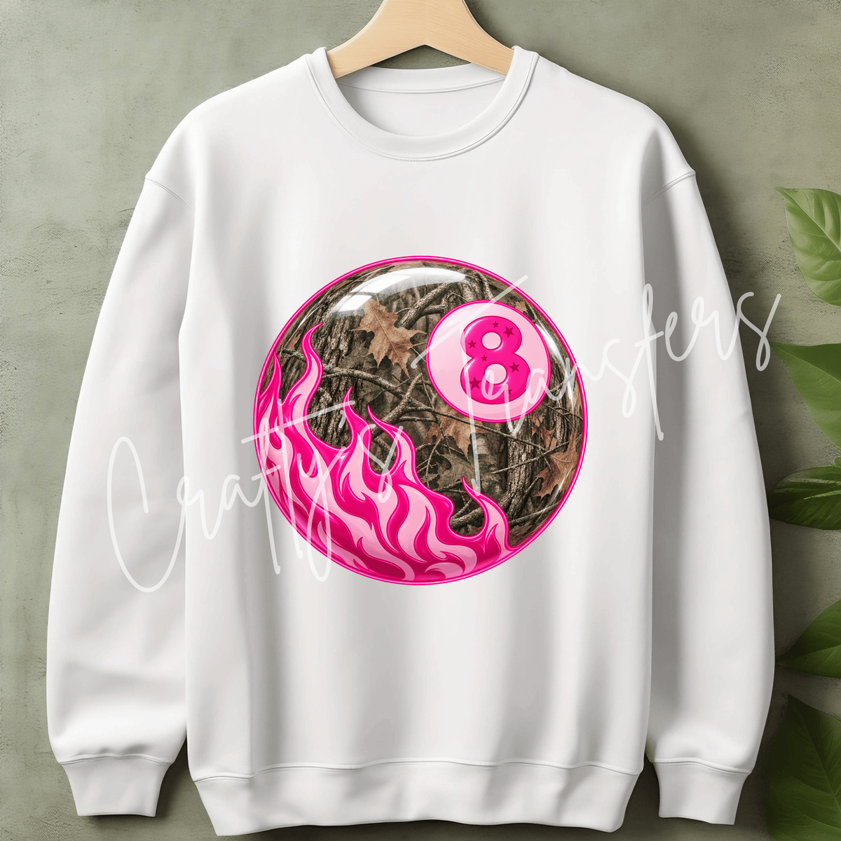 Pink 8 Ball DTF Transfer – Camo Flame Shirt Design – Girly Western Camo Style DTF