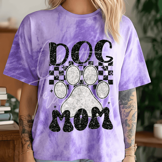 Dog Mom DTF Transfer – Checkerboard Paw Print Shirt Design – Glitter Style Pet Mom DTF
