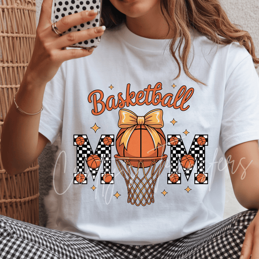 Basketball Mom DTF Transfer – Checkerboard Sports Mom Shirt Design – Bow Basketball DTF
