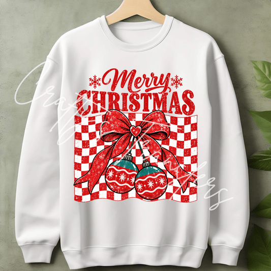 Merry Christmas DTF Transfer – Red Checkered Bow Ornament Shirt Design – Retro Holiday DTF
