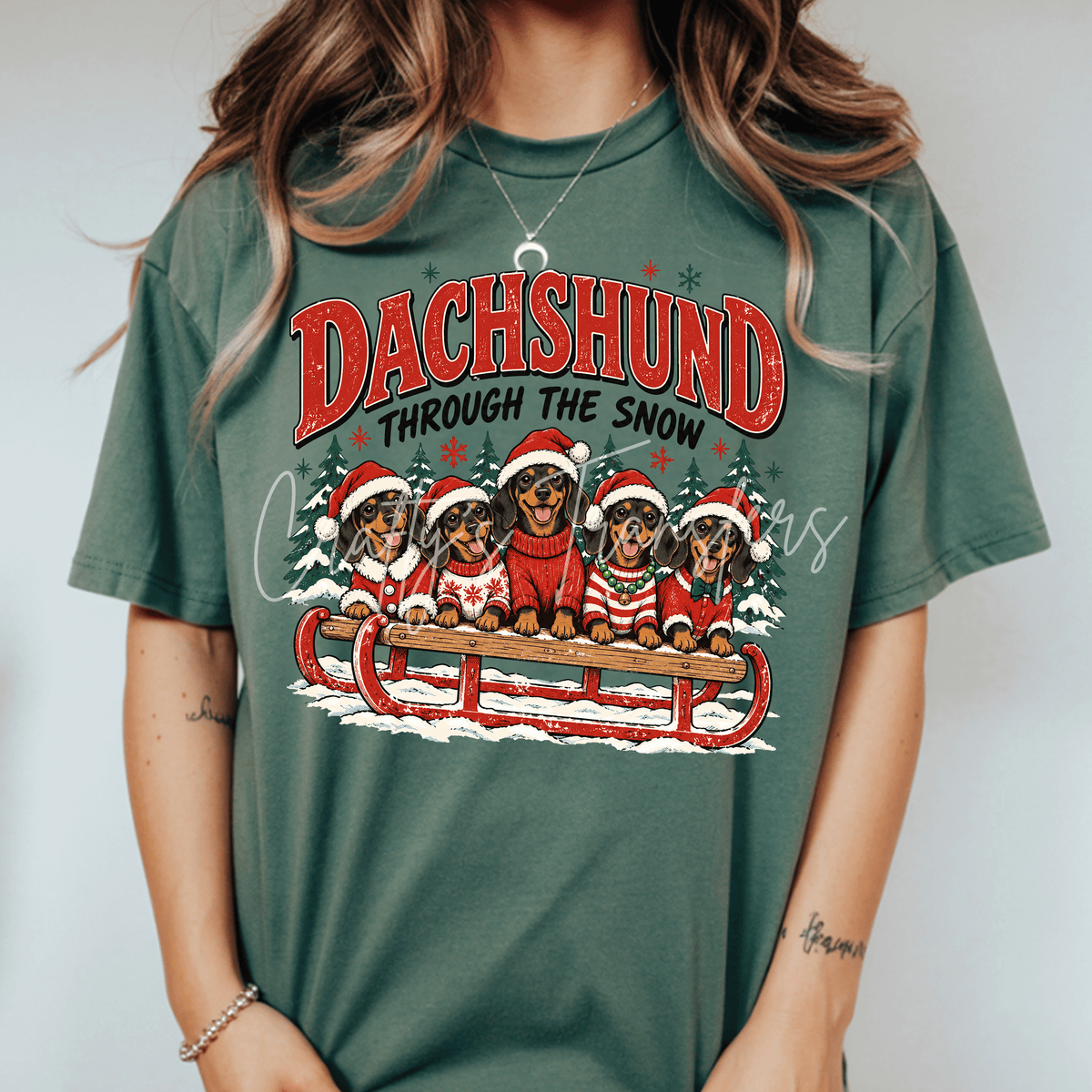 Christmas Dachshund DTF Transfer – Holiday Wiener Dog Sled Shirt Design – Festive Dog Lover DTF