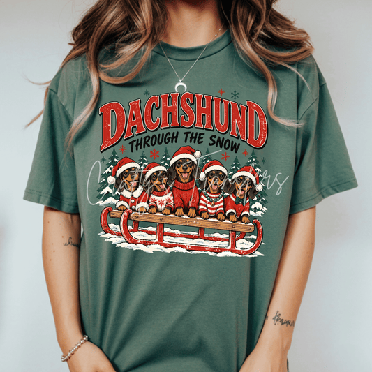 Christmas Dachshund DTF Transfer – Holiday Wiener Dog Sled Shirt Design – Festive Dog Lover DTF