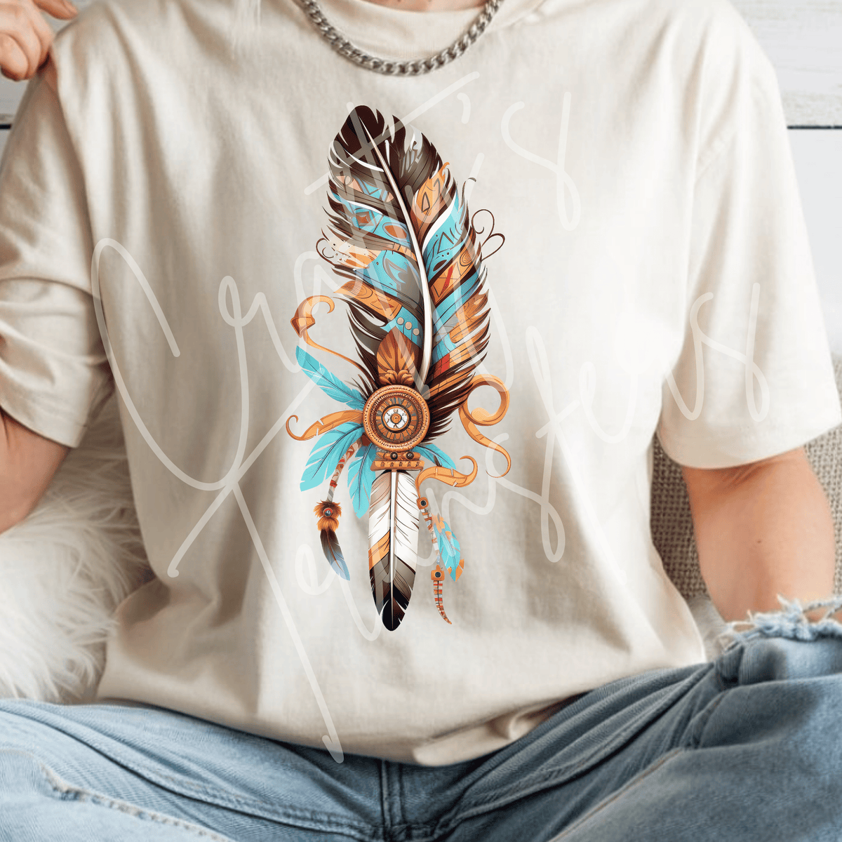 Native Feather DTF Transfer – Turquoise Orange Native Feather Shirt Design – Rustic Boutique DTF