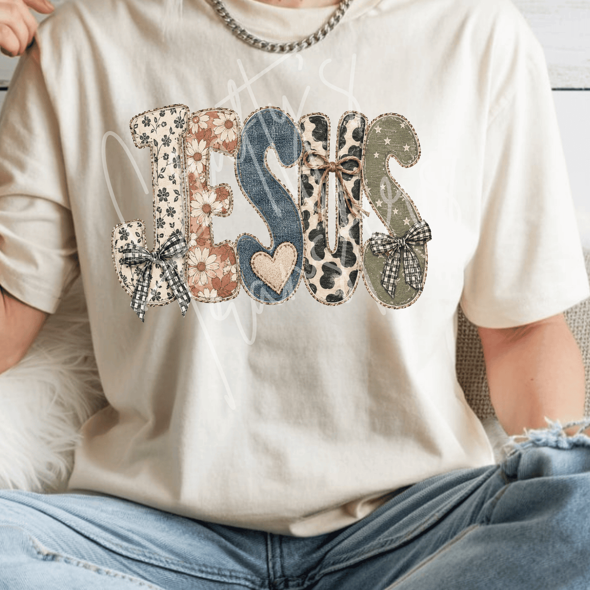 Patchwork Jesus DTF Transfer – Christian Faith Shirt Design – Floral Plaid Religious DTF