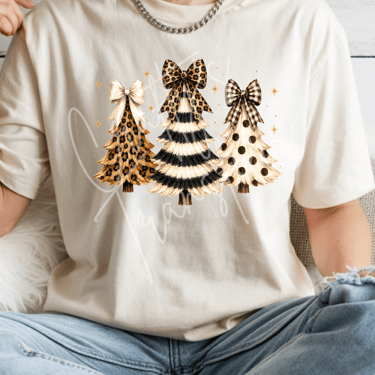 Leopard Christmas Tree DTF Transfer – Neutral Bow Holiday Shirt Design – Girly Christmas DTF