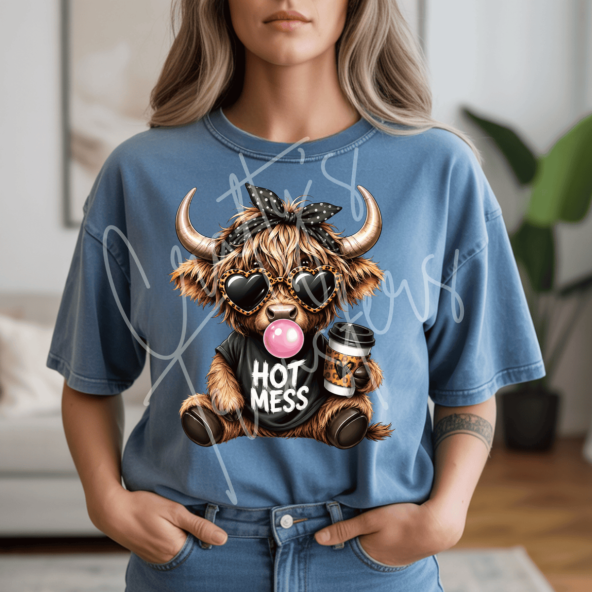 Sassy Highland Cow DTF Transfer – Coffee & Bubblegum Cow Shirt Design – Trendy Cow Lover DTF