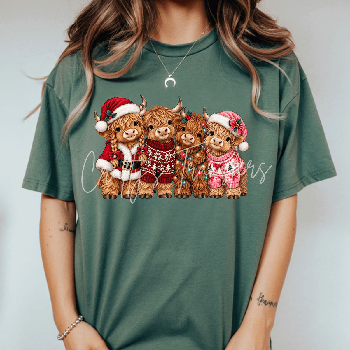 Christmas Highland Cow DTF Transfer – Festive Cow Family Shirt Design – Holiday Farmhouse DTF