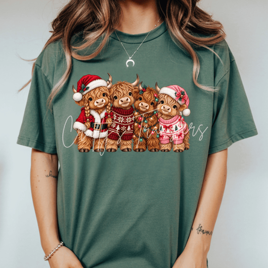 Christmas Highland Cow DTF Transfer – Festive Cow Family Shirt Design – Holiday Farmhouse DTF