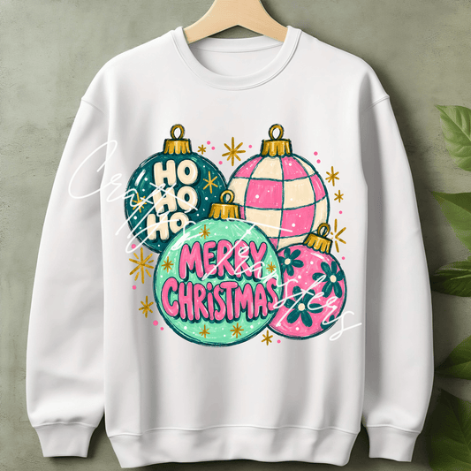 Retro Christmas Ornament DTF Transfer – Pink & Teal Merry Christmas Shirt Design – Colorful Holiday DTF