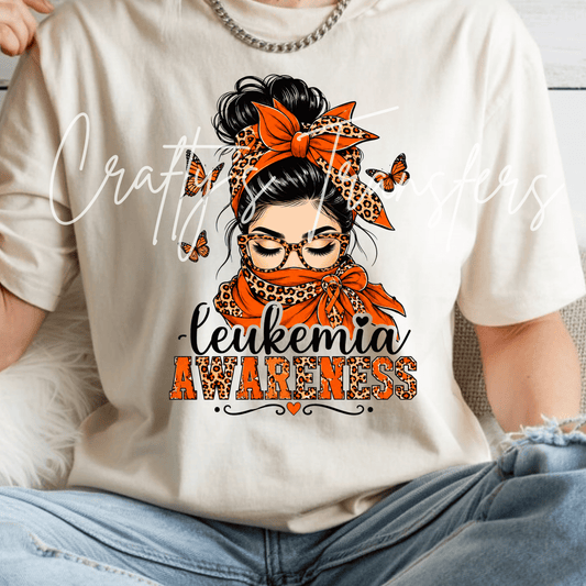 Leukemia Awareness DTF Transfer – Orange Ribbon Messy Bun Shirt Design – Butterfly Support DTF