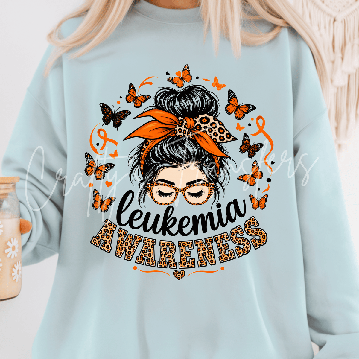 Leukemia Awareness DTF Transfer – Orange Ribbon Butterfly Design – Messy Bun Cancer Support DTF