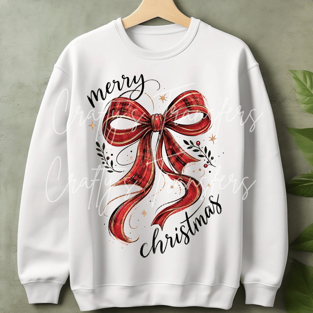 Merry Christmas DTF Transfer – Red Plaid Bow Holiday Shirt Design – Traditional Christmas DTF