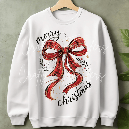 Merry Christmas DTF Transfer – Red Plaid Bow Holiday Shirt Design – Traditional Christmas DTF