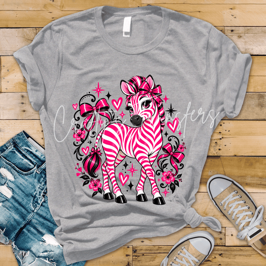 Pink Zebra DTF Transfer – Hot Pink Zebra Bow Shirt Design – Girly Animal Print DTF