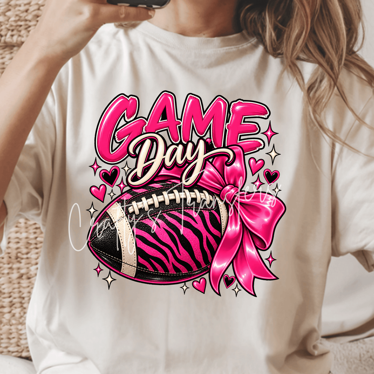 Game Day DTF Transfer – Hot Pink Zebra Football Bow Shirt Design – Girly Football DTF