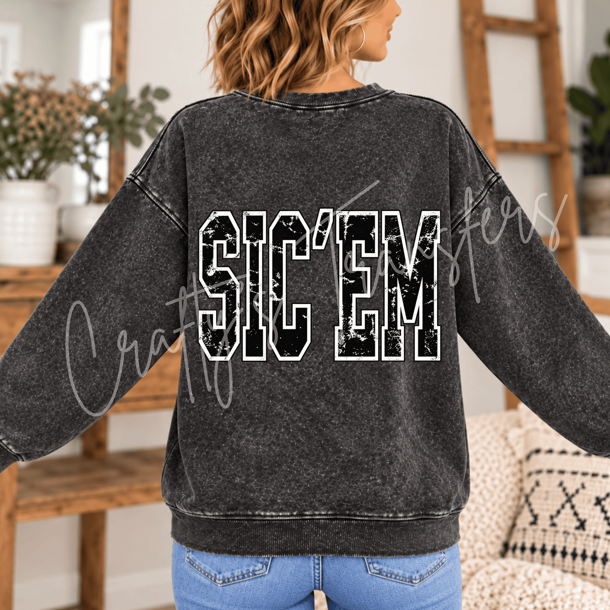 Distressed Varsity Back Print DTF Transfer – Black & White Collegiate Shirt Design – Vintage Game Day DTF