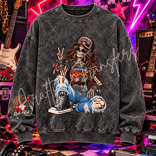 Raised on Rock DTF Transfer Set – Rock & Roll Skeleton Girl Shirt Design – Matching Sleeve DTF