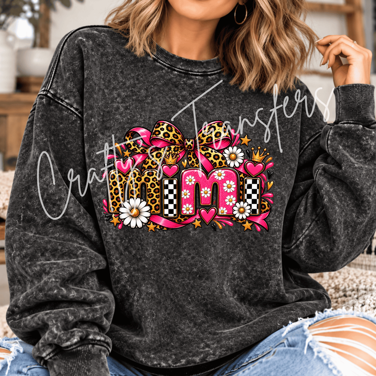 Mimi DTF Transfer – Leopard Checker Bow Grandma Shirt Design – Girly Mimi DTF