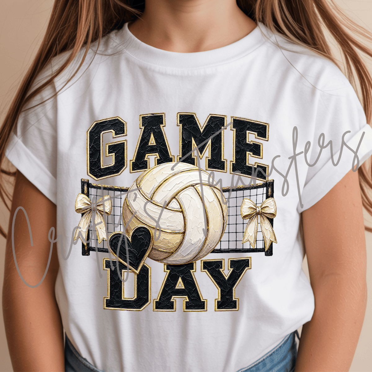Game Day Volleyball DTF Transfer – Black Gold Volleyball Bow Shirt Design – Girly Sports DTF