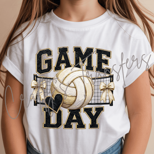Game Day Volleyball DTF Transfer – Black Gold Volleyball Bow Shirt Design – Girly Sports DTF