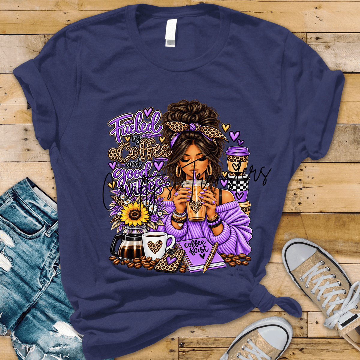 Coffee Lover DTF Transfer – Purple Leopard Coffee Girl Shirt Design – Good Vibes Boutique DTF