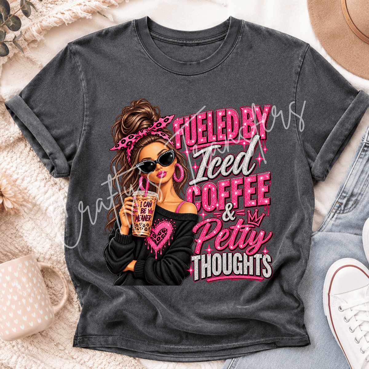 Iced Coffee & Petty Thoughts DTF Transfer – Hot Pink Coffee Girl Shirt Design – Sassy Boutique DTF