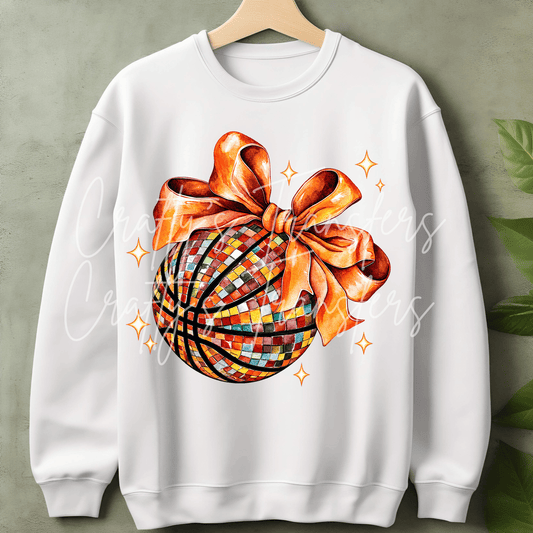 Disco Basketball DTF Transfer – Orange Bow Mosaic Basketball Design – Girly Game Day DTF