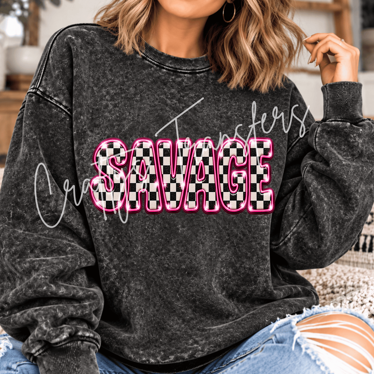 Pink Checkerboard Savage DTF Transfer – Hot Pink Sassy Shirt Design – Girly Statement DTF