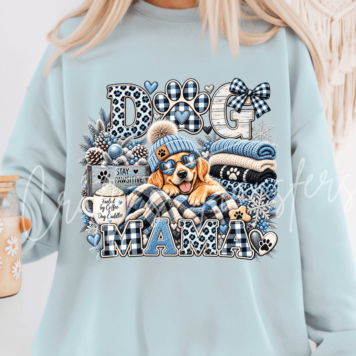 Winter Dog Mom DTF Transfer – Cozy Puppy Snowflake Shirt Design – Blue Plaid Pet Lover DTF