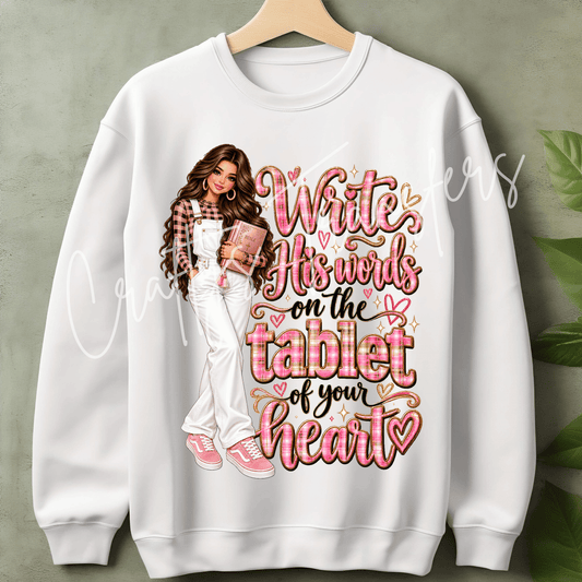 Write His Words on Your Heart DTF Transfer – Brunette Christian Glam Girl – Pink Plaid Faith Design – Ready to Press DTF