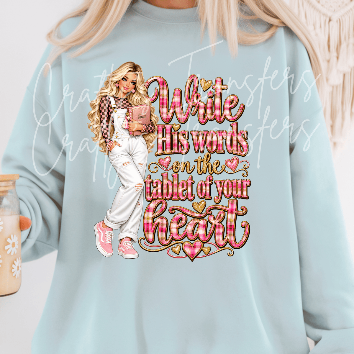 Write His Words on Your Heart DTF Transfer – Blonde Christian Glam Girl – Pink Plaid Bible Design – Ready to Press DTF