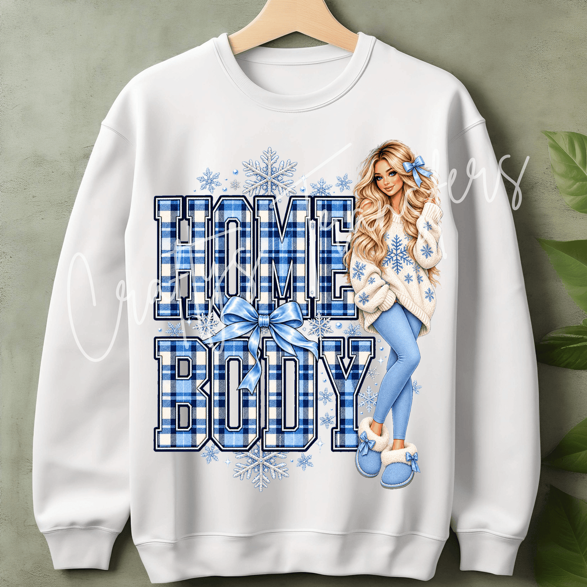 Cozy Winter Blue Plaid DTF Transfer – Blonde Glam Girl Snowflake Design – Winter Bow Graphic – Ready to Press DTF