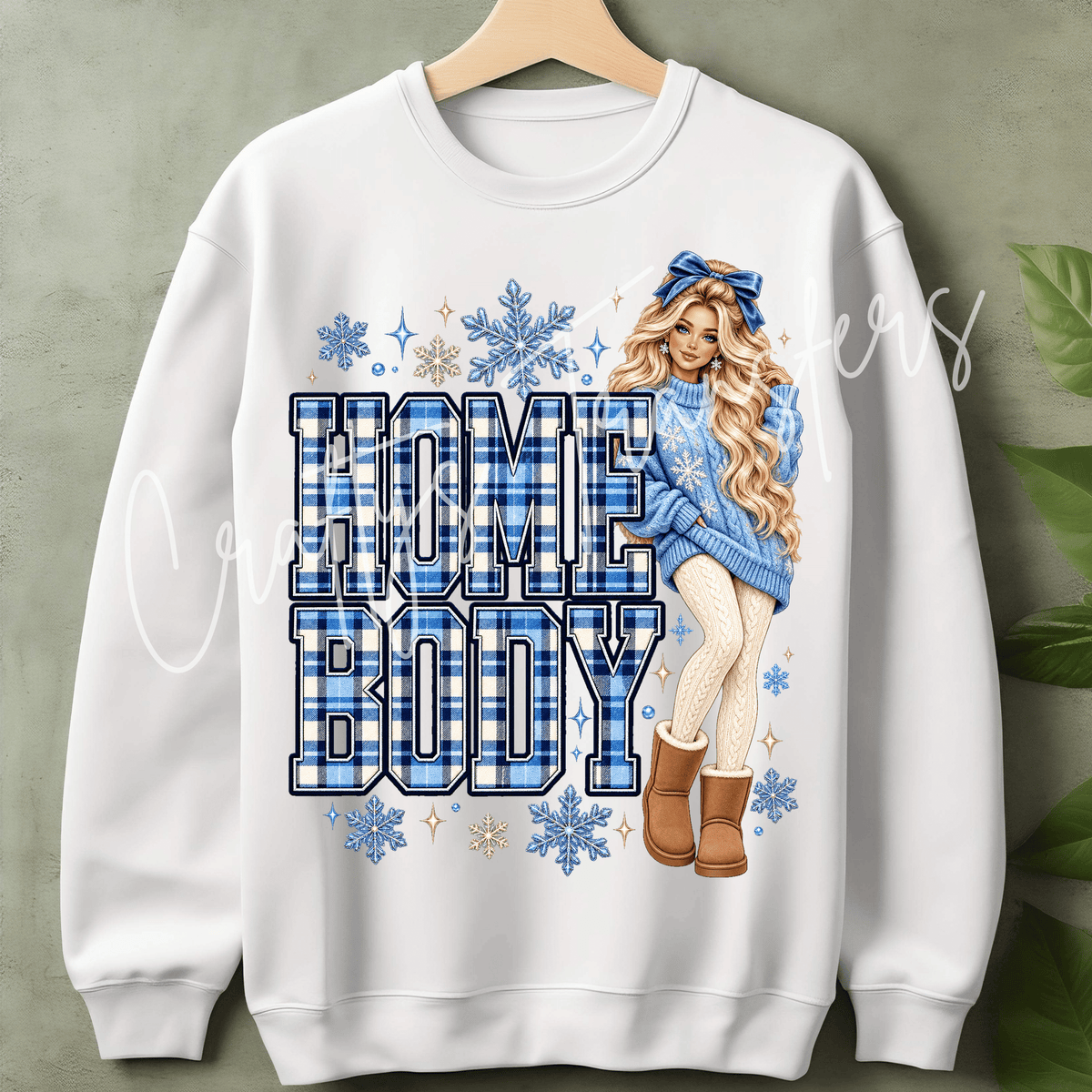 Homebody Winter Glam Girl DTF Transfer – Blue Plaid Snowflake Design – Cozy Blonde Girl Ready to Press DTF