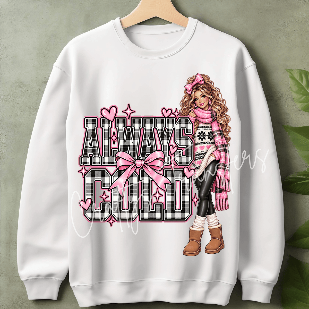 Always Cold Glam Girl DTF Transfer – Pink Bow Plaid Winter Girl Design – Cozy Girly Ready to Press DTF