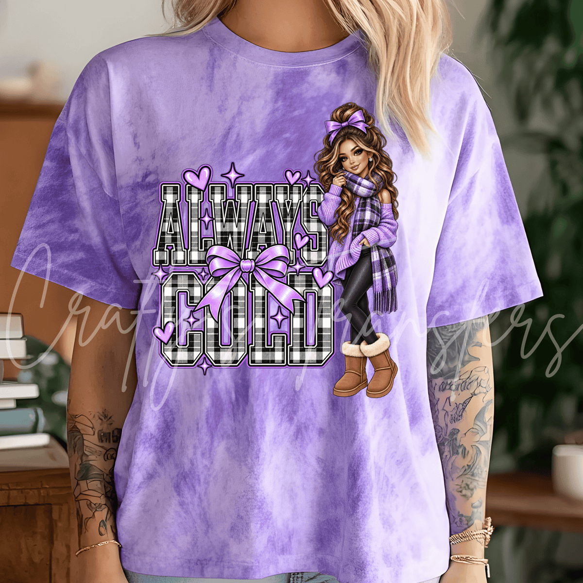 Always Cold Glam Girl DTF Transfer – Purple Plaid Bow Winter Design – Cozy Girly Ready to Press DTF