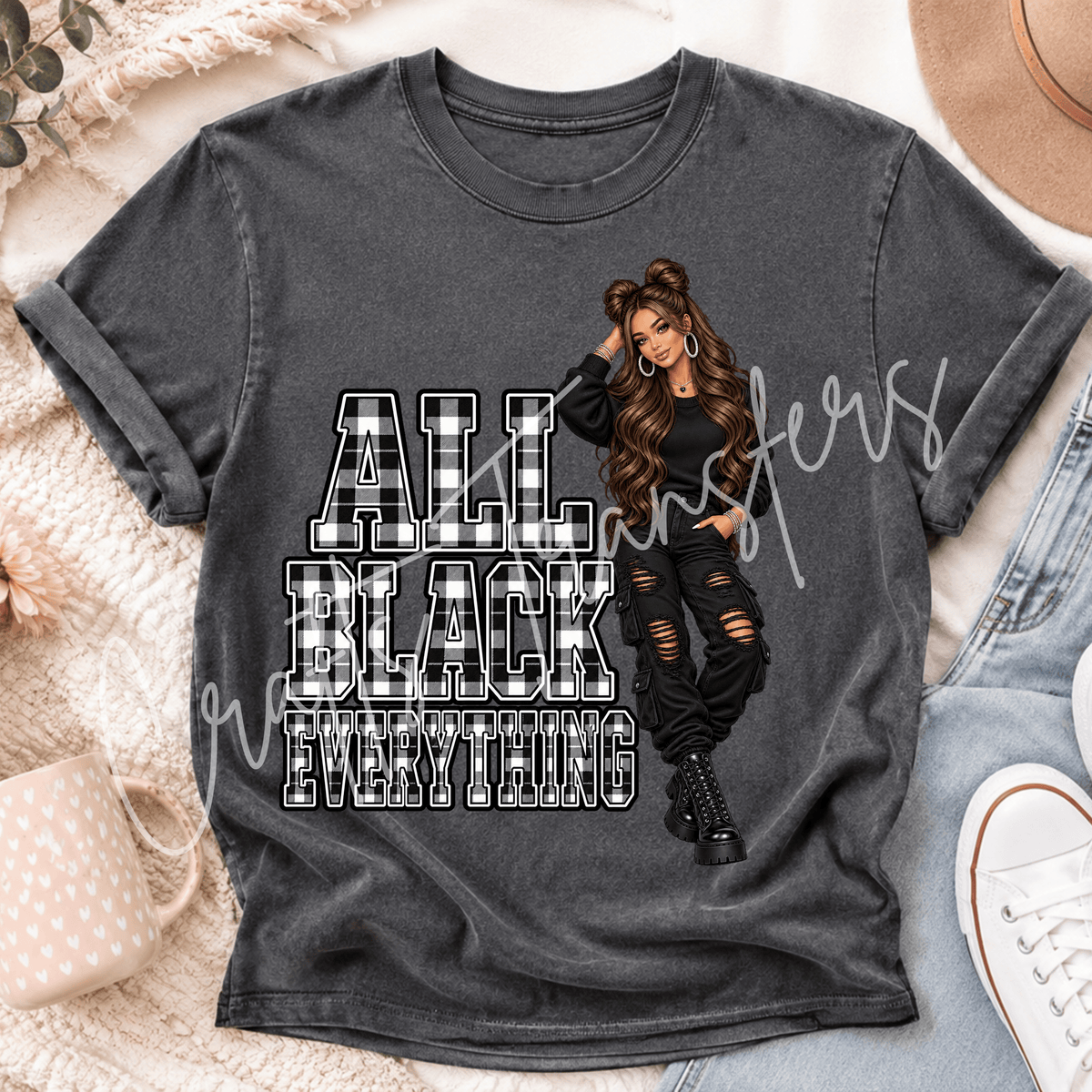 Black & White Plaid Glam Girl DTF Transfer – Blonde Fashion Girl Graphic – Monochrome Boutique Design – Ready to Press DTF