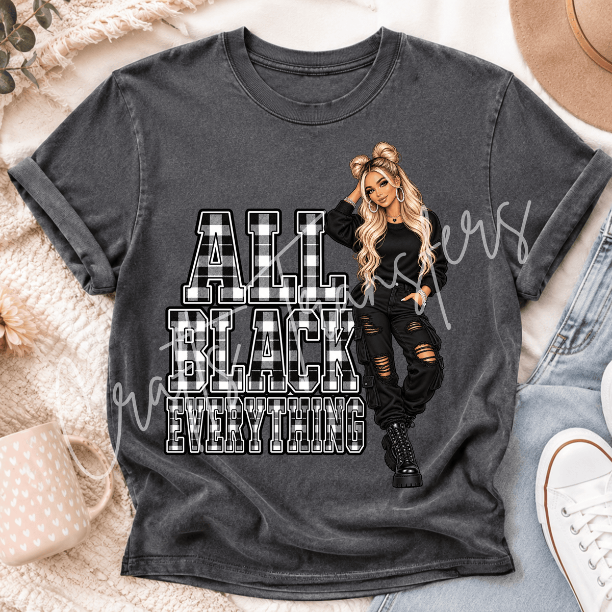 Black & White Plaid Glam Girl DTF Transfer – Blonde Fashion Girl Graphic – Monochrome Boutique Design – Ready to Press DTF